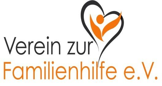Das Logo des Vereins zur Familienhilfe zeigt einen Schriftzug und ein Herz in dem ein orangefarbener abstrakter Engel zu sehen ist
